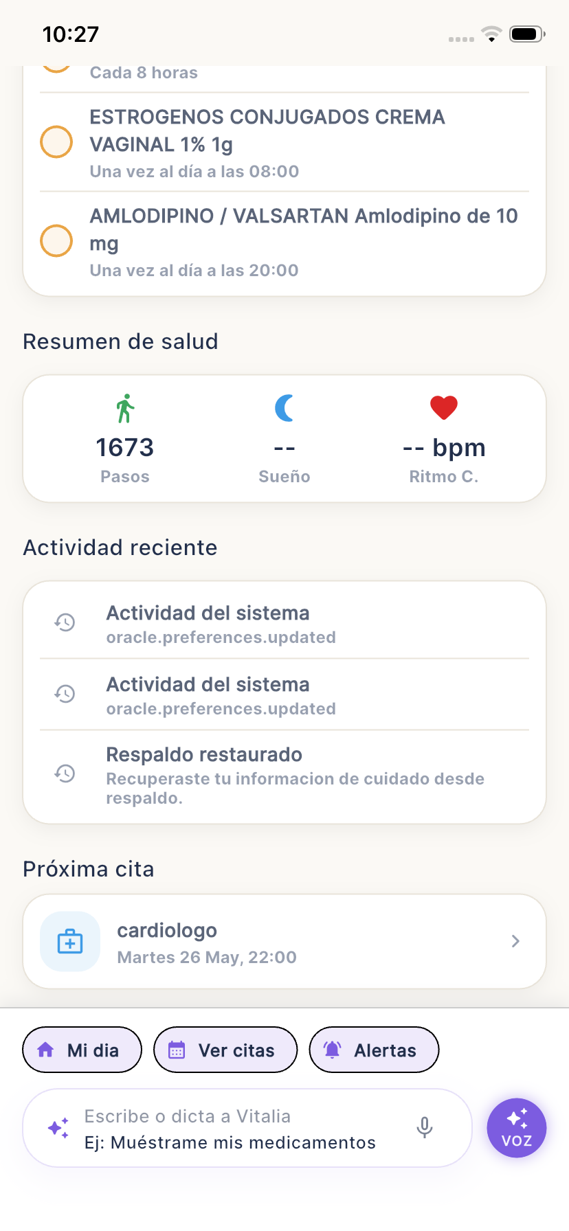 Vitalia — Medicamentos y resumen de salud